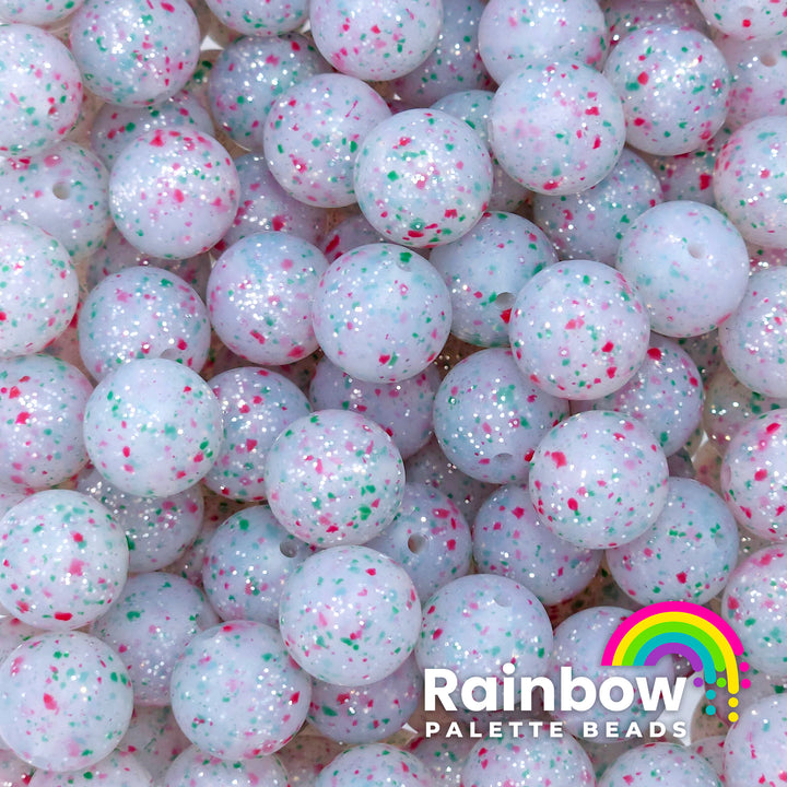 15mm Exclusive Icy Peppermint Bark Glitter Silicone Round Beads