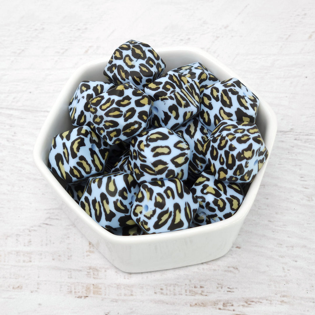 17mm Blue Leopard Print Silicone Hex Beads **discontinued**