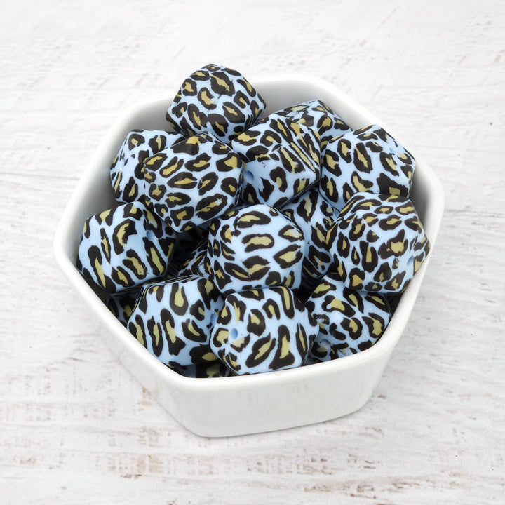 17mm Blue Leopard Print Silicone Hex Beads **discontinued**